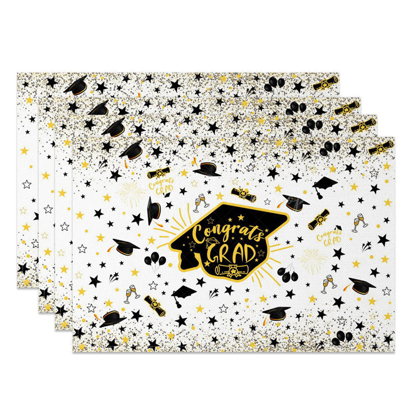 Lofaris Black Gold Congrats Mortarboard Set of 4 Placemats