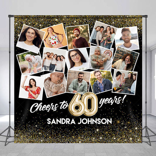 Lofaris Black Gold Custom Name Photo 60th Anniversary Backdrop