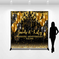 Lofaris Black Gold Custom Name Wedding Anniversary Backdrop
