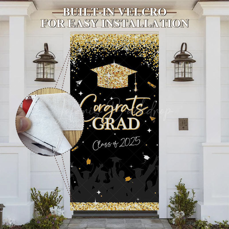 Lofaris Black Gold Glitter Congrats Class 2025 Grad Door Cover