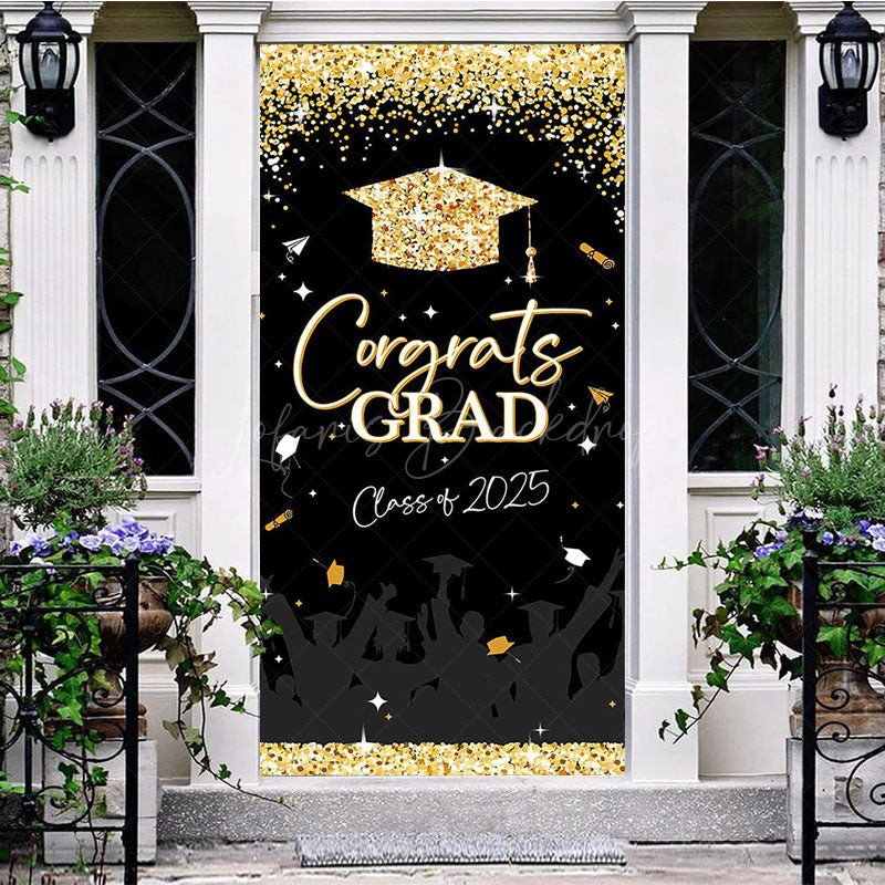 Lofaris Black Gold Glitter Congrats Class 2025 Grad Door Cover