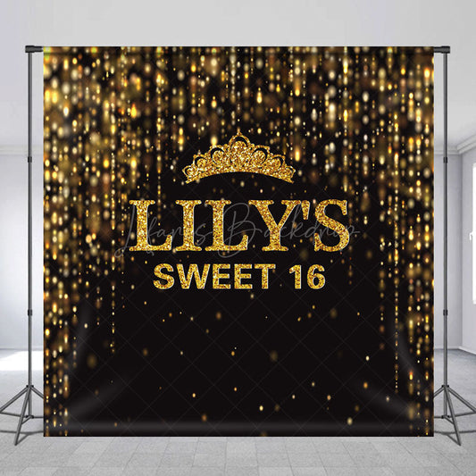 Lofaris Black Gold Glitter Crown Custom Sweet 16 Backdrop