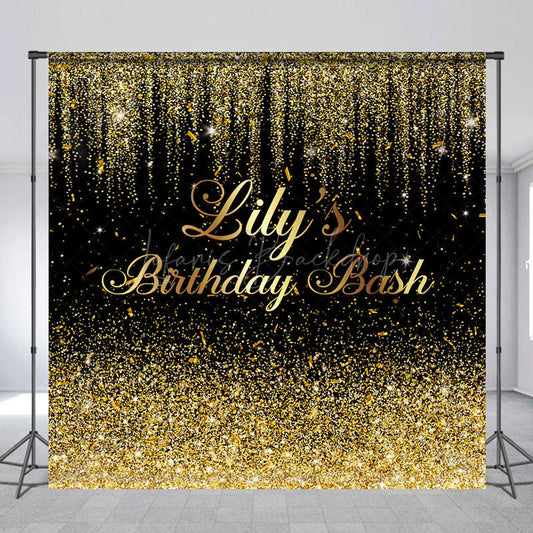 Lofaris Black Gold Glitter Custom Name Birthday Bash Backdrop