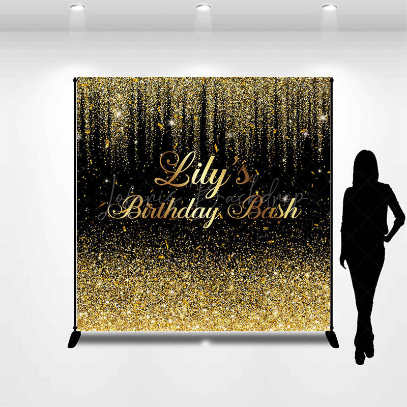 Lofaris Black Gold Glitter Custom Name Birthday Bash Backdrop