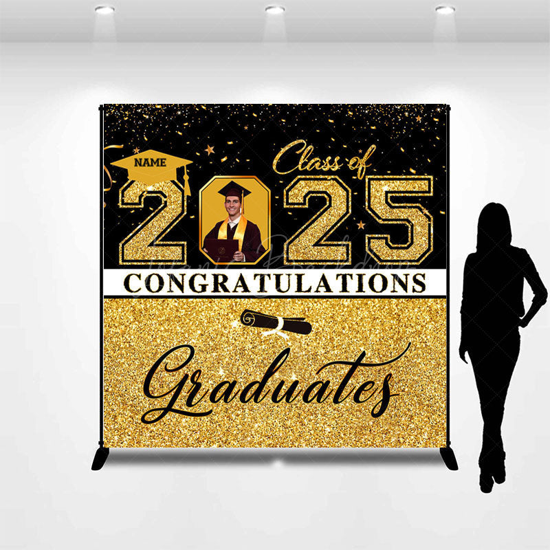 Lofaris Black Gold Glitter Custom Name Photo Grad Backdrop