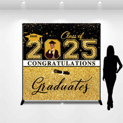 Lofaris Black Gold Glitter Custom Name Photo Grad Backdrop