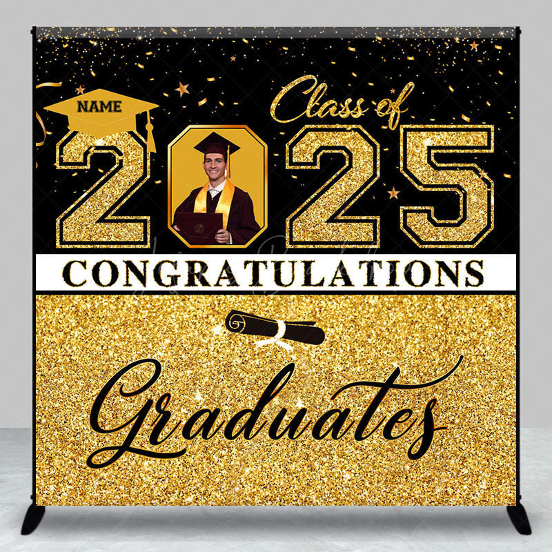 Lofaris Black Gold Glitter Custom Name Photo Grad Backdrop