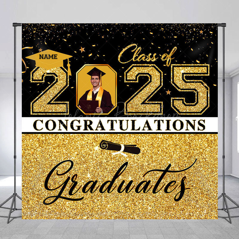 Lofaris Black Gold Glitter Custom Name Photo Grad Backdrop