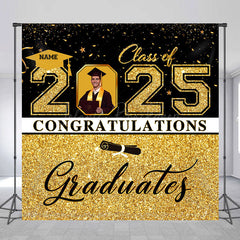 Lofaris Black Gold Glitter Custom Name Photo Grad Backdrop