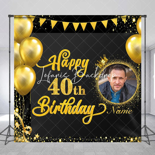 Lofaris Black Gold Glitter Happy 40th Birthday Custom Photo Backdrop with Balloons and Crown Personalized Name Party Decor