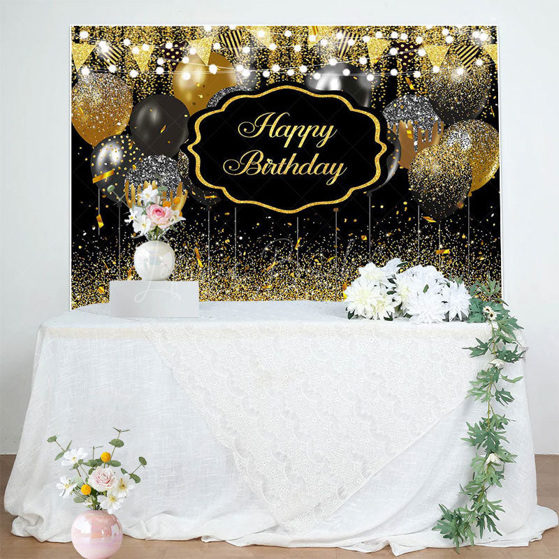 Lofaris Black Gold Glitter Lighted Happy Birthday Backdrop