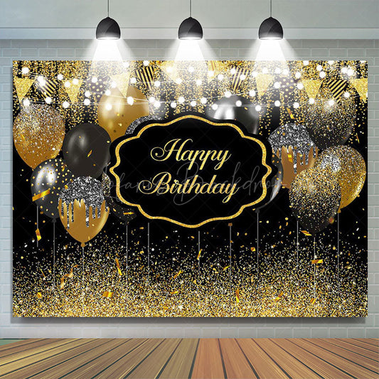 Lofaris Black Gold Glitter Lighted Happy Birthday Backdrop