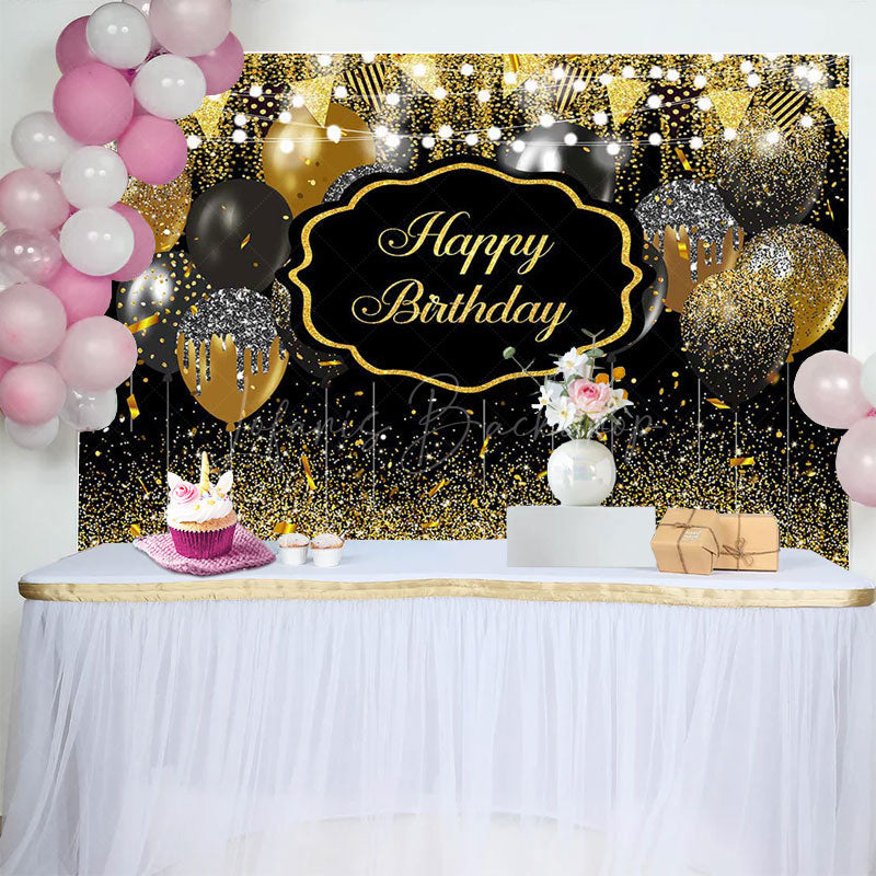 Lofaris Black Gold Glitter Lighted Happy Birthday Backdrop