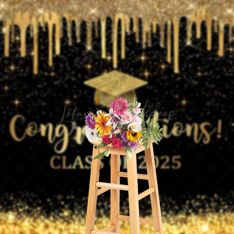 Lofaris Black Gold Glitter Map Congratulations Grad Backdrop
