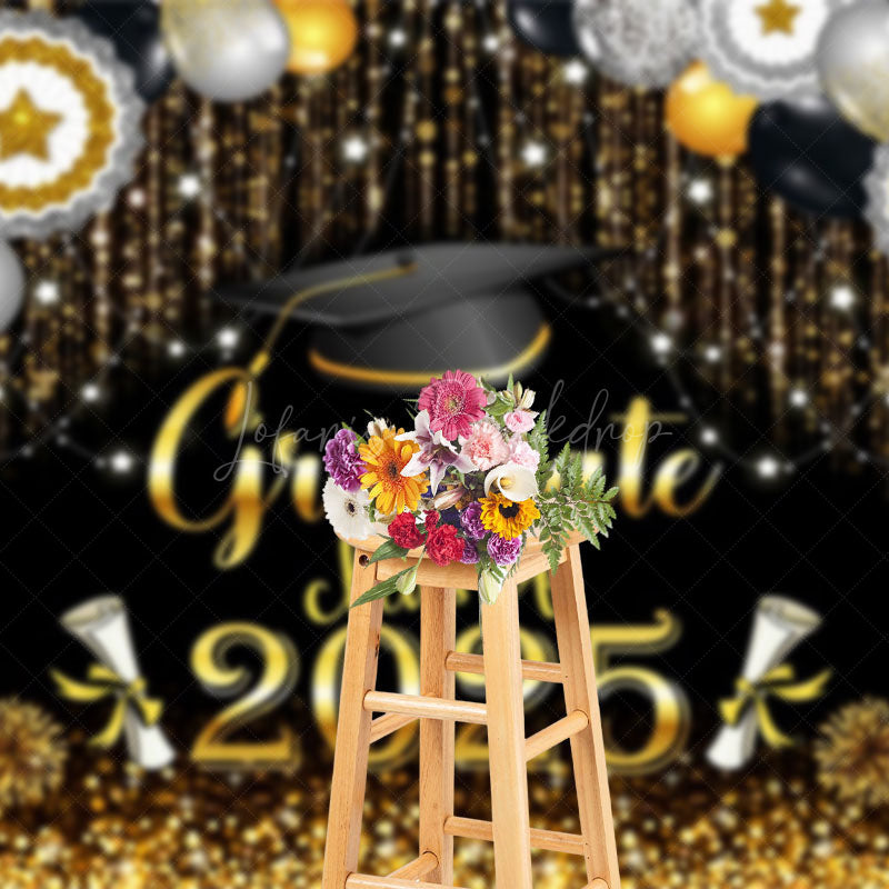 Lofaris Black Gold Sparkle Balloons Cheers Graduation Backdrop
