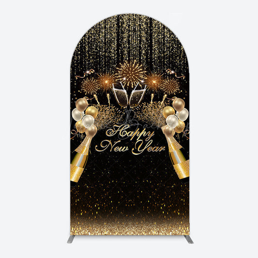 Lofaris Black Gold Sparkle Balloons New Year Arch Backdrop