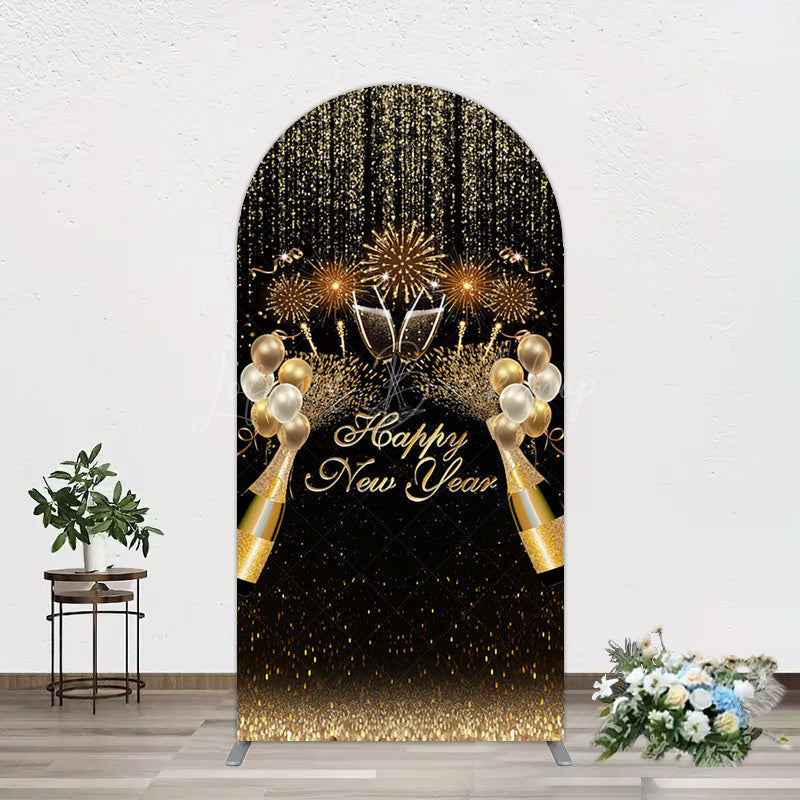 Lofaris Black Gold Sparkle Balloons New Year Arch Backdrop