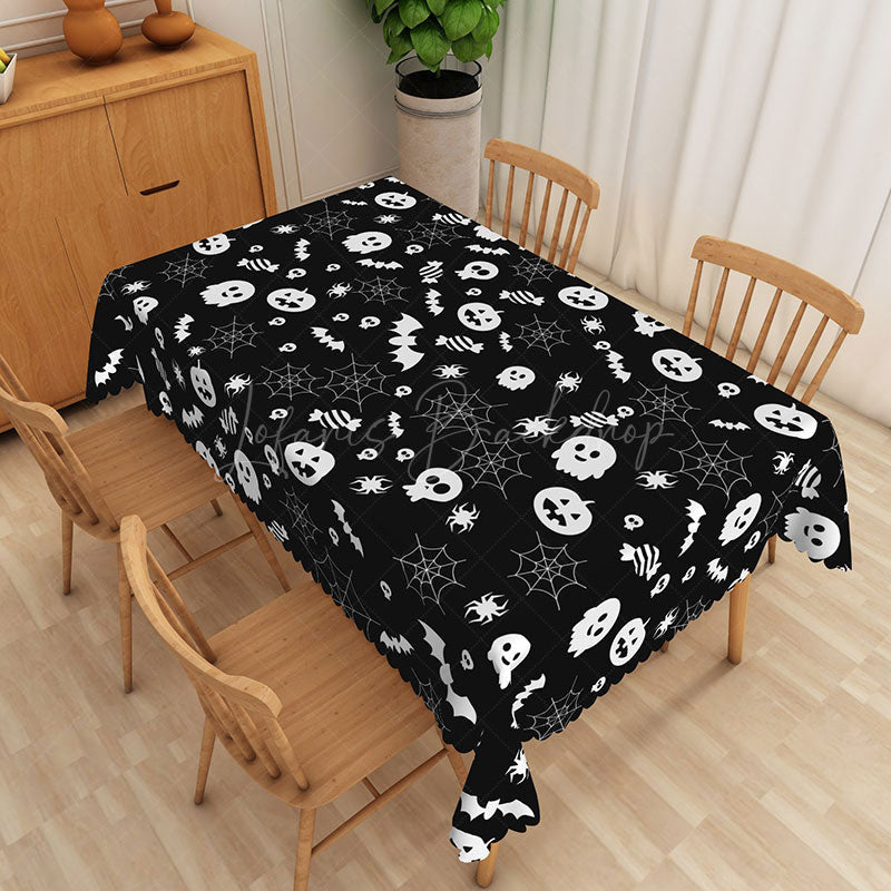 Lofaris Black Halloween Rectangle Tablecloth with Bats and Spider Webs for Spooky Gothic Party Haunted House Decor