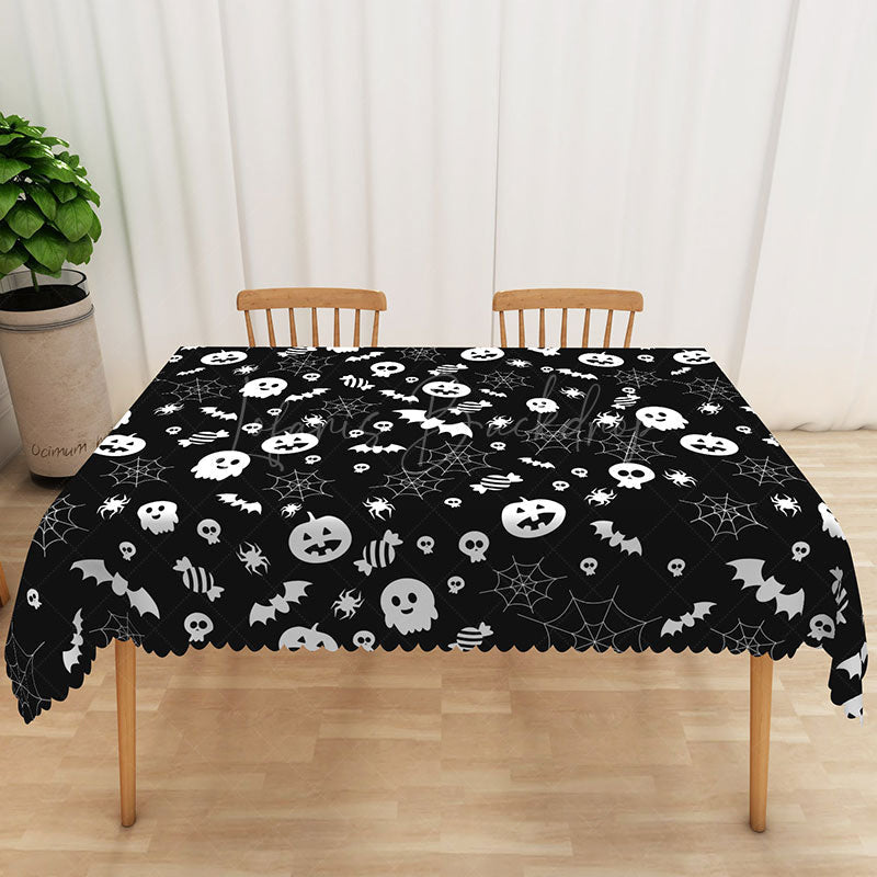 Lofaris Black Halloween Rectangle Tablecloth with Bats and Spider Webs for Spooky Gothic Party Haunted House Decor