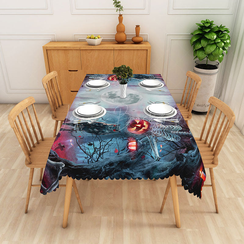 Lofaris Black Halloween Rectangle Tablecloth with Graveyard Owl and Jack O’ Lanterns for Spooky Night Decor
