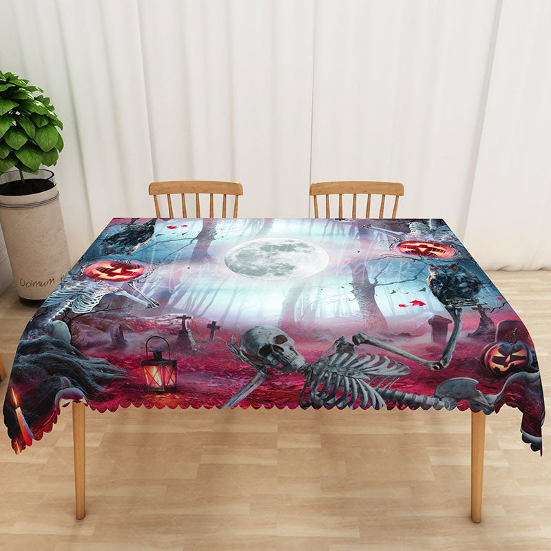 Lofaris Black Halloween Rectangle Tablecloth with Graveyard Owl and Jack O’ Lanterns for Spooky Night Decor
