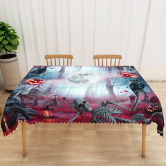 Lofaris Black Halloween Rectangle Tablecloth with Graveyard Owl and Jack O’ Lanterns for Spooky Night Decor