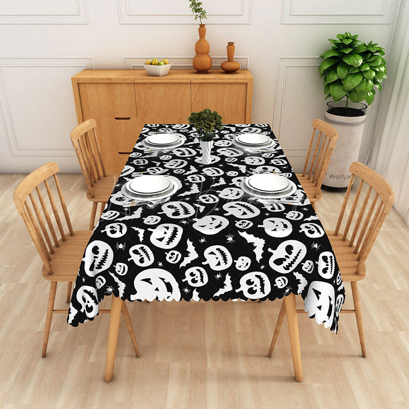 Lofaris Black Halloween Rectangle Tablecloth with Jack O’ Lanterns and Bats for Spooky Holiday Party Decorations
