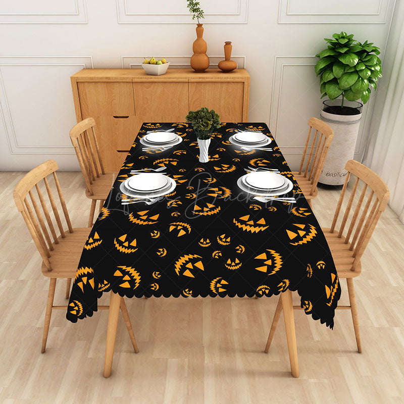 Lofaris Black Halloween Rectangle Tablecloth with Spooky Jack O’ Lantern Face for Holiday Party and Dining Decor