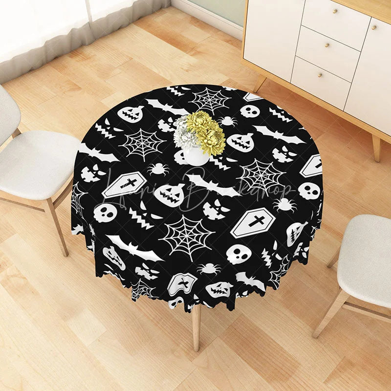 Lofaris Black Halloween Round Tablecloth with Bats Spiderwebs and Jack-o’-Lanterns for Gothic Decor