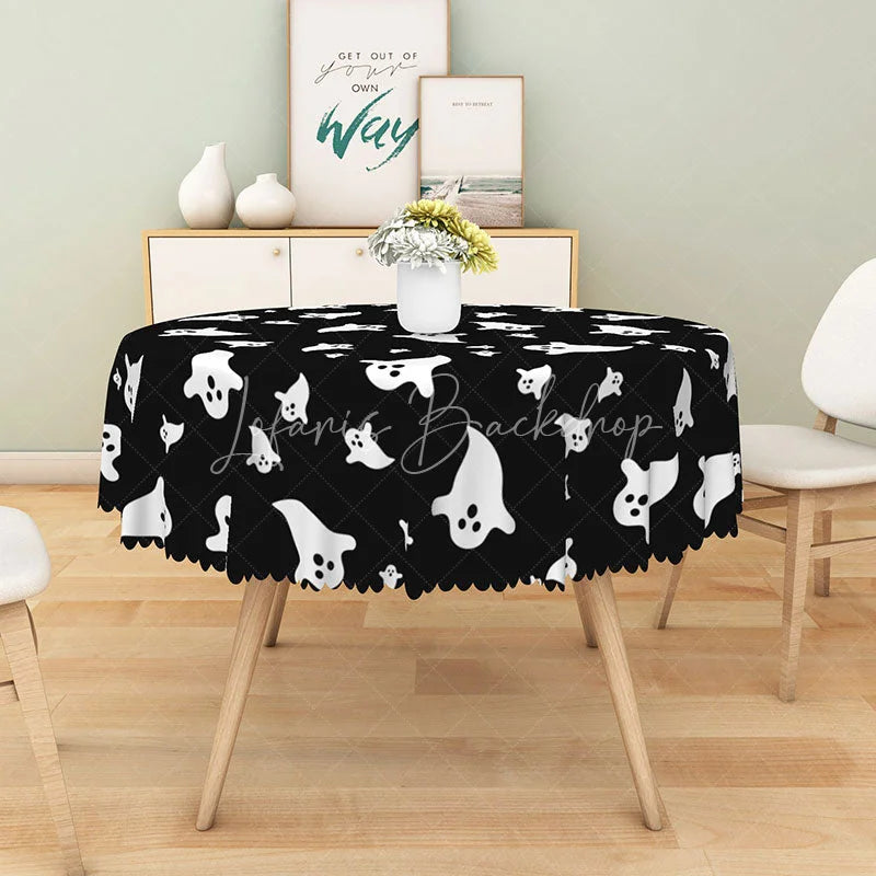 Lofaris Black Halloween Round Tablecloth with Cute Ghost Pattern for Modern and Spooky Party Decorations