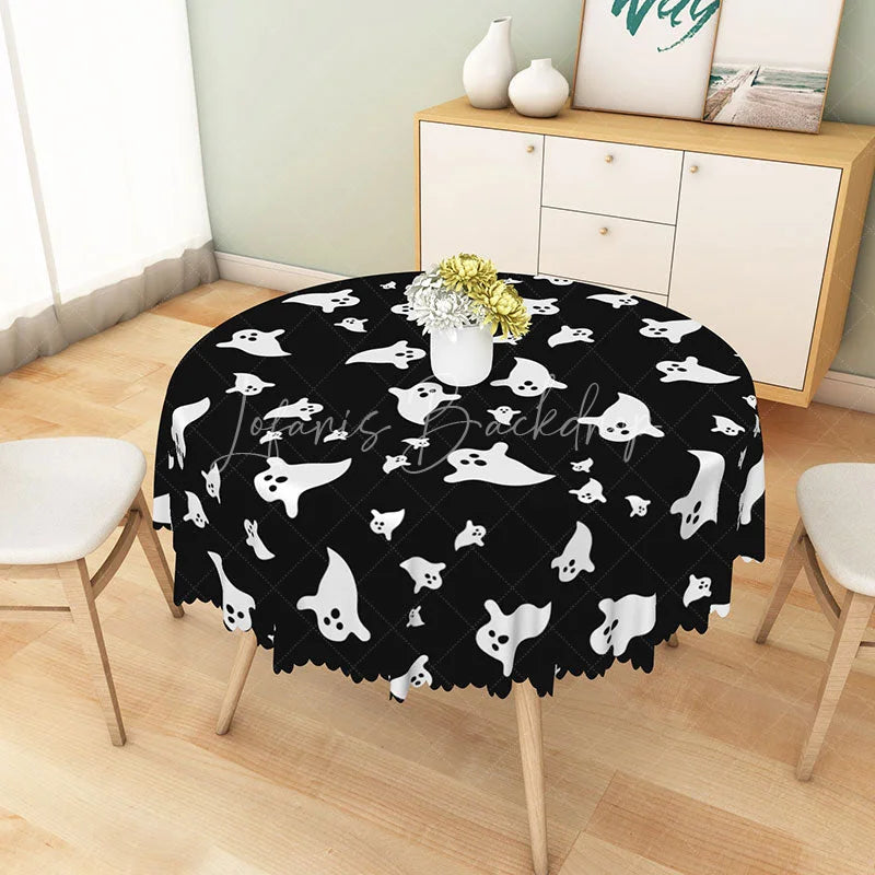Lofaris Black Halloween Round Tablecloth with Cute Ghost Pattern for Modern and Spooky Party Decorations
