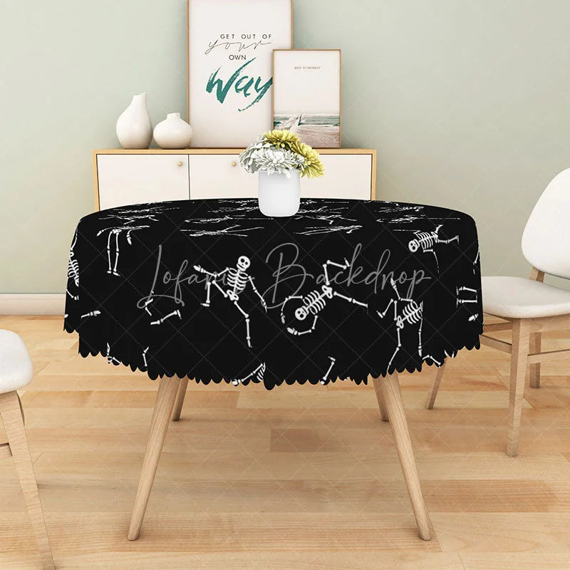 Lofaris Black Halloween Round Tablecloth with Dancing Skeleton Print for Funny and Spooky Party Decorations
