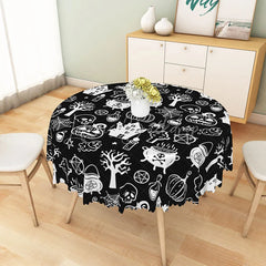 Lofaris Black Halloween Round Tablecloth with Jack-o’-Lanterns Skeletons and Spiders for Spooky Decor