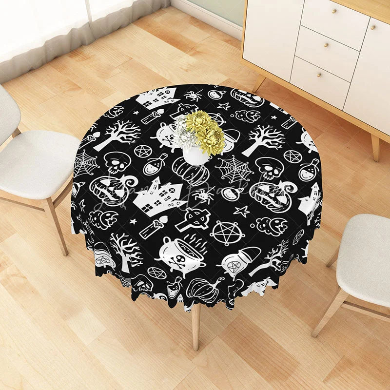Lofaris Black Halloween Round Tablecloth with Jack-o’-Lanterns Skeletons and Spiders for Spooky Decor