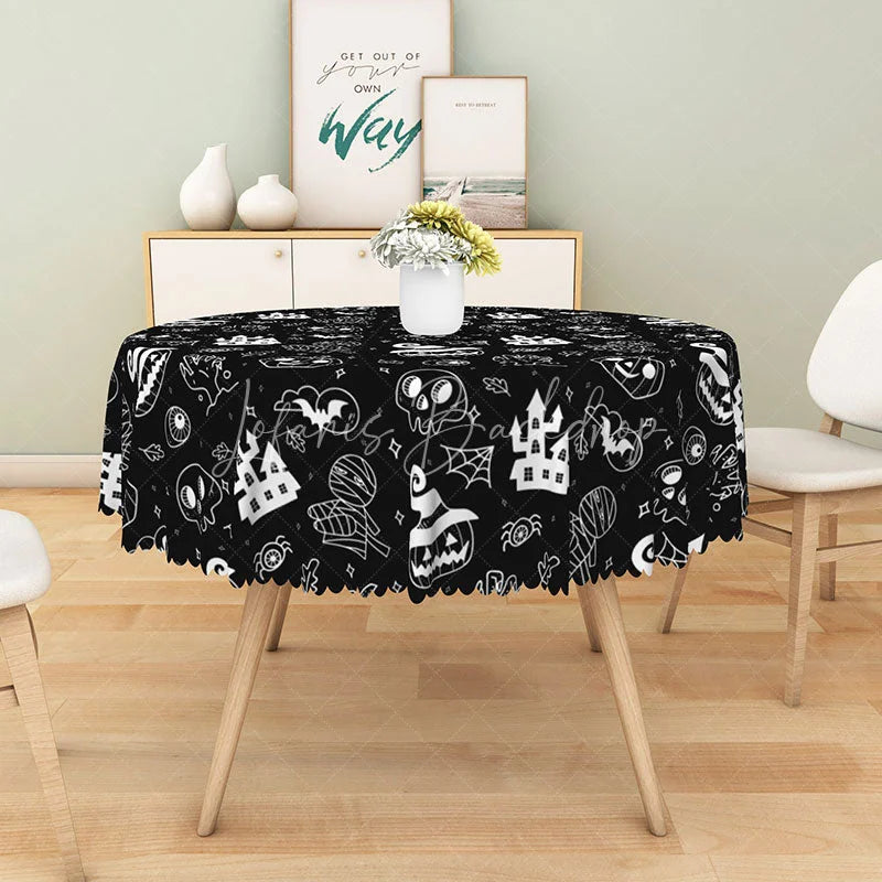 Lofaris Black Halloween Round Tablecloth with Jack-o’-Lanterns Skulls and Haunted Castle for Spooky Decor