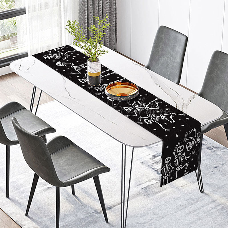 Lofaris Black Halloween Table Runner with Cartoon Dancing Skeleton for Funny and Spooky Party Decor