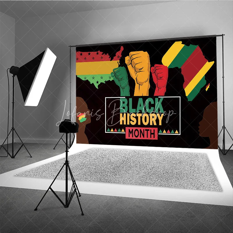 Lofaris Black History Month Backdrop Power and Unity Fist with USA Africa Map Background Pan-African Heritage Celebration Banner