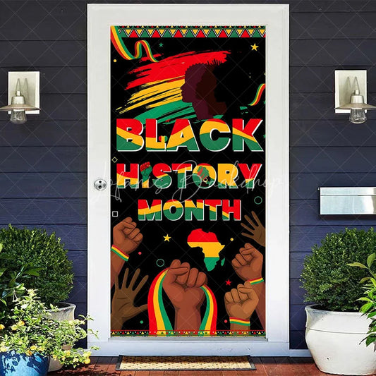 Lofaris Black History Month Door Cover Pan African Colors Raised Fists Banner Heritage Celebration Front Decoration