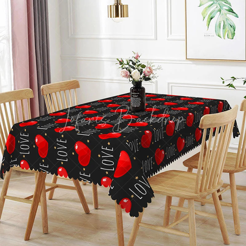 Lofaris Black Love Text Rectangle Tablecloth Red Heart and Gold Star Pattern Modern Valentine Dining Room Decor