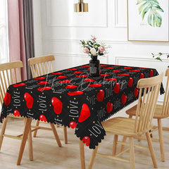 Lofaris Black Love Text Rectangle Tablecloth Red Heart and Gold Star Pattern Modern Valentine Dining Room Decor
