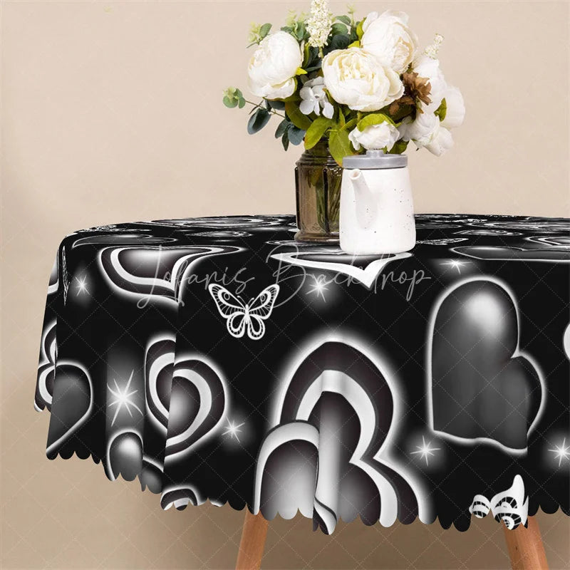 Lofaris Black Neon Heart Butterfly Round Tablecloth Modern Glowing Love Table Cover for Party