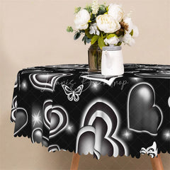 Lofaris Black Neon Heart Butterfly Round Tablecloth Modern Glowing Love Table Cover for Party