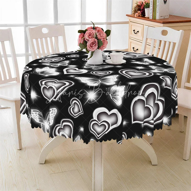 Lofaris Black Neon Heart Butterfly Round Tablecloth Silver Glowing Love Pattern Table Cover for Party