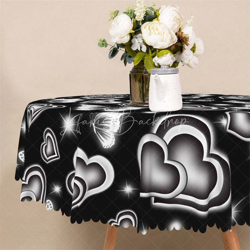 Lofaris Black Neon Heart Butterfly Round Tablecloth Silver Glowing Love Pattern Table Cover for Party