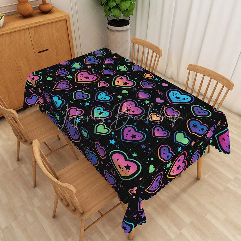 Lofaris Black Neon Heart Rectangle Tablecloth Colorful Glowing Star Love Table Cover Modern Valentine Party Decor