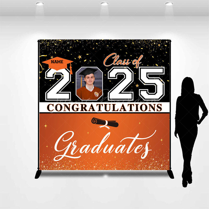 Lofaris Black Orange Custom Name Photo Graduation Backdrop