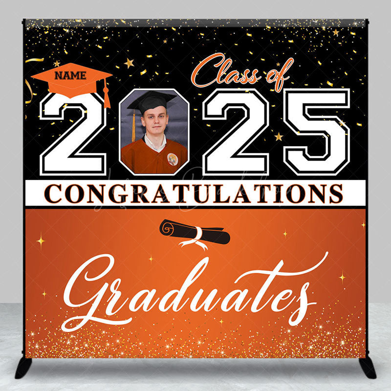 Lofaris Black Orange Custom Name Photo Graduation Backdrop