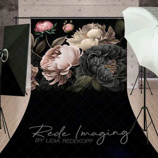 Lofaris Black Pink Spring Florals Leaves Sweep Photo Backdrop