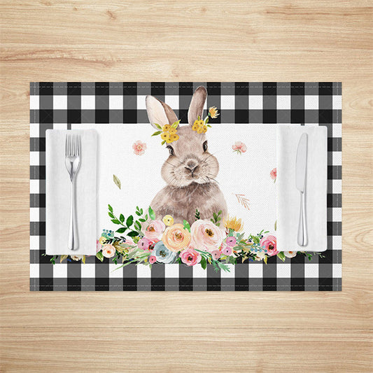 Lofaris Black Plaid Bunny Floral Easter Set Of 4 Placemats