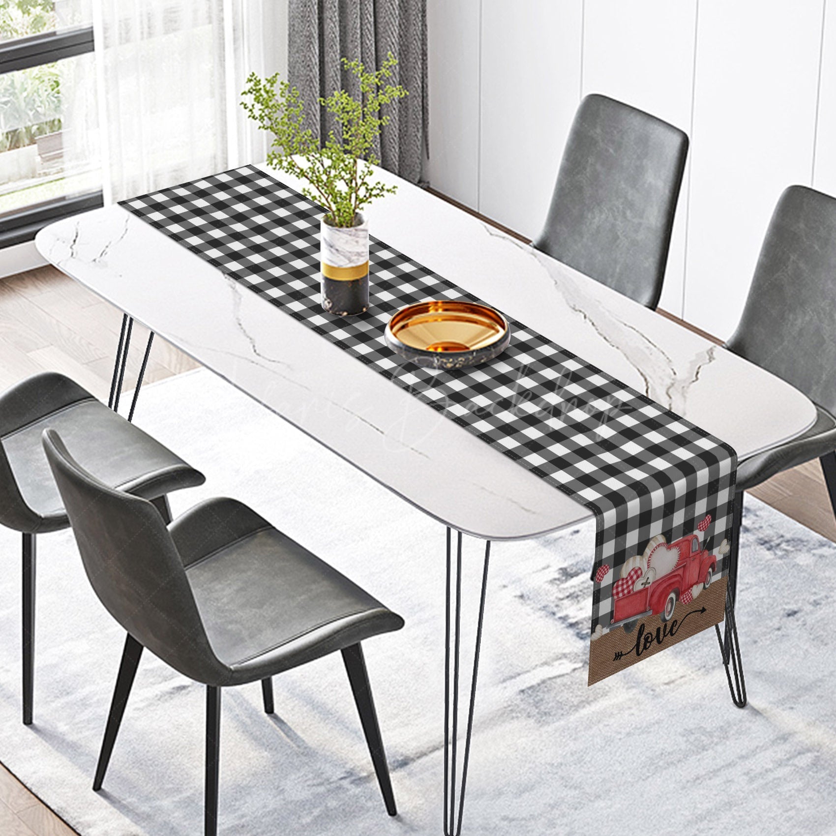 Lofaris Black Plaid Red Truck Valentines Day Table Runner